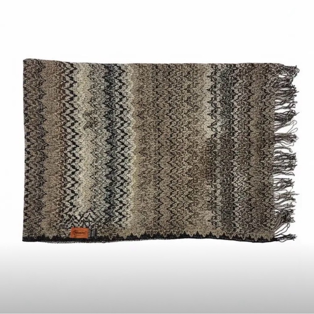 Missoni Zigzag Knit Scarf Black Brown Beige Fringe | Italy